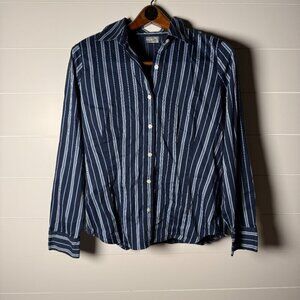 Van Heusen Studio Stretch Button Down Women's Shirt Sz Medium Blue White Stripe